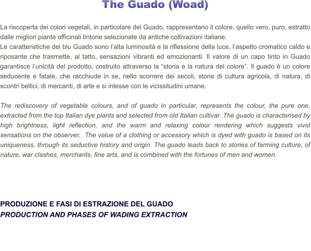 The Guado (Woad)     La riscoperta dei colori vegetali, in particolare del Guado, rappresentano il colore, quello vero, puro, estratto dalle migliori piante officinali tintorie selezionate da antiche coltivazioni italiane. Le caratteristiche del blu Guado sono l’alta luminosità e la riflessione della luce, l’aspetto cromatico caldo e riposante che trasmette, al tatto, sensazioni vibranti ed emozionanti. Il valore di un capo tinto in Guado garantisce l’unicità del prodotto, costruito attraverso la “storia e la natura del colore”. Il guado è un colore seducente e fatale, che racchiude in se, nello scorrere dei secoli, storie di cultura agricola, di natura, di scontri bellici, di mercanti, di arte e si intesse con le vicissitudini umane.  The rediscovery of vegetable colours, and of guado in particular, represents the colour, the pure one, extracted from the top Italian dye plants and selected from old Italian cultivar. The guado is characterised by high brightness, light reflection, and the warm and relaxing colour rendering which suggests vivid sensations on the observer.  The value of a clothing or accessory which is dyed with guado is based on its uniqueness, through its seductive history and origin. The guado leads back to stories of farming culture, of nature, war clashes, merchants, fine arts, and is combined with the fortunes of men and women.     PRODUZIONE E FASI DI ESTRAZIONE DEL GUADO PRODUCTION AND PHASES OF WADING EXTRACTION